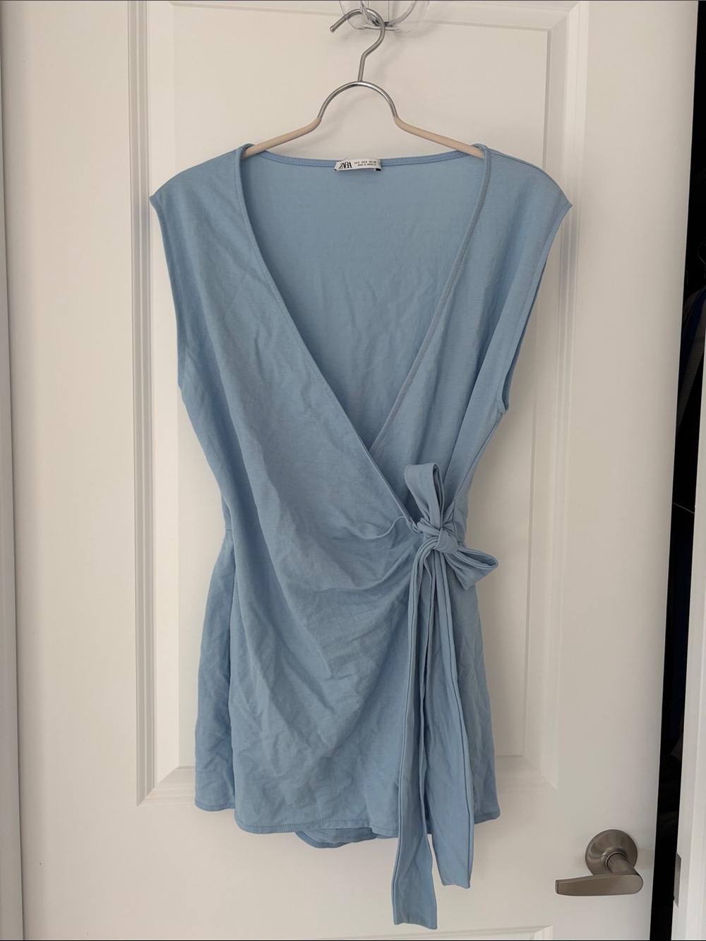 Zara Powder Blue Wrap Tie Sleeveless Blouse